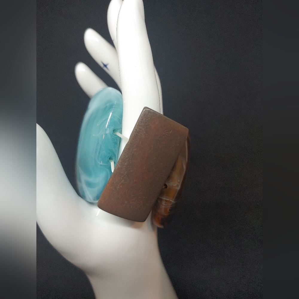 Stretch Panel Linked Bracelet Teal & Brown Marble… - image 8